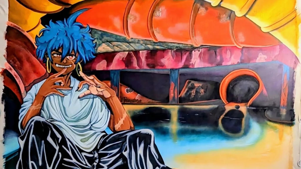 Large scale mural of a character by Ruth Burotte at Miami Artists Nonprofit Rainbow Oasiiis